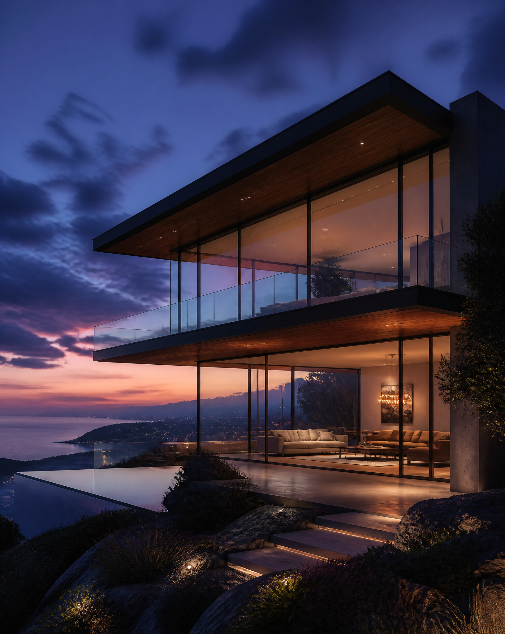 Modern glass villa at dusk